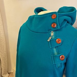 Cozy Teal Hoodie with Wooden Buttons!